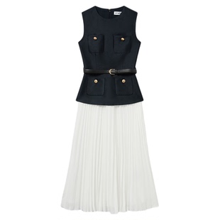 self-portrait 2025早秋蓝撞白缎面小香风假两件无袖连衣裙长裙