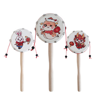 传统羊皮拨浪鼓婴儿玩具木质手摇鼓奥尔夫新生儿童男女孩定制图案