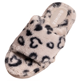 Boree/宝人秋冬款棉拖鞋女士魔术贴一字拖厚底增高豹纹潮流2025新