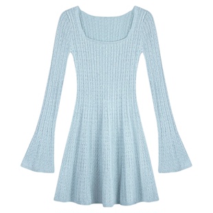 MULVAN【现货7.5折】法式U领针织连衣裙女秋冬小个子收腰短裙子