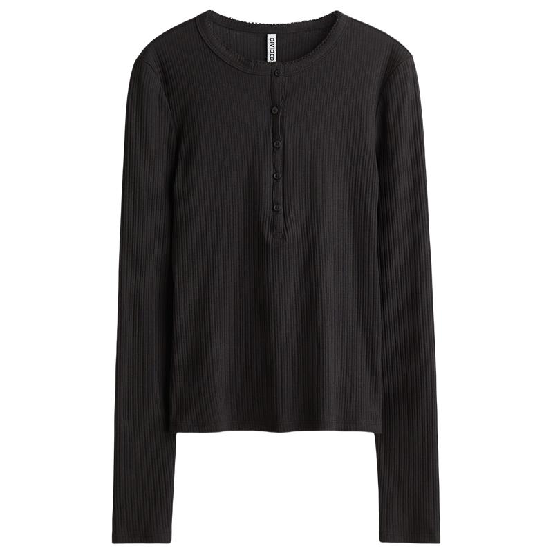 HM女装T恤2025秋季新款亨利领圆领罗纹亨利衫修身内搭长袖1297136