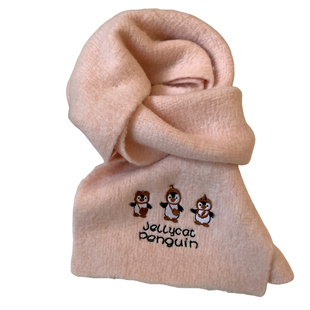 可爱粉色小企鹅刺绣针织围巾女秋冬季保暖氛围感韩系加厚防寒围脖