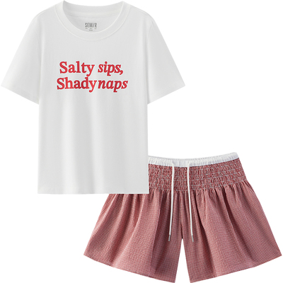 森马短款上衣格子裙裤复古套装女