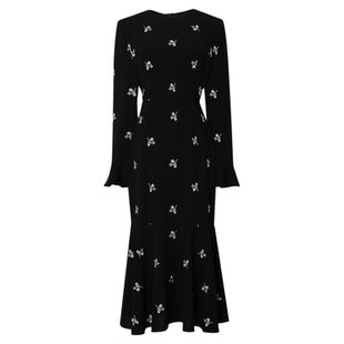 2025年秋季新款淑女气质圆领长袖裙子收腰显瘦荷叶边绣花连衣裙女