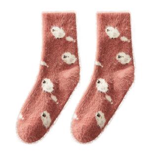 水貂绒袜子女冬季甜美中筒袜保暖毛茸茸睡眠袜加绒加厚地板女袜