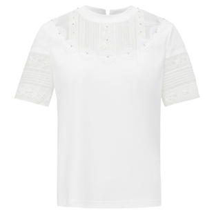 La Koradior拉珂蒂商场同款镂空蕾丝绣花圆领T恤衬衫纯棉短袖上衣