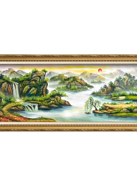 手绘旭日东升聚宝盆山水油画