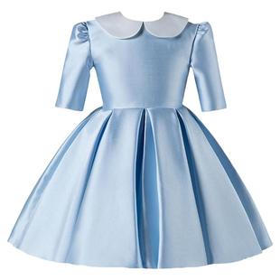 复古娃娃领儿童礼服女童小提琴演奏服缎面简约公主裙抱宝宝摄影服