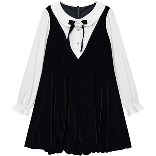 DM100大码百分百女装微胖mm冬季甜美假两件娃娃领花苞丝绒连衣裙