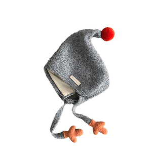 儿童帽子秋冬保暖百搭毛球尖顶针织护耳帽男女宝宝绑带加里毛线帽