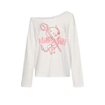 UR&DC2026春季新款宽松气质一字领印花斜领露肩棉质长袖T恤女上衣