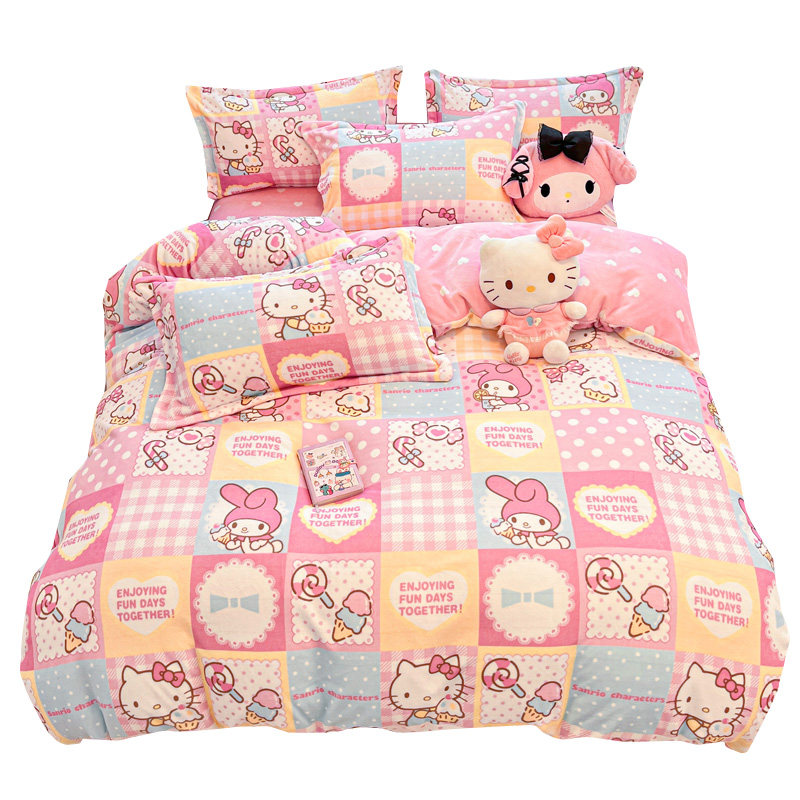 Hellokitty卡通牛奶绒四件套冬季加绒床单被套床笠宿舍儿童三件套