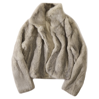 大于诗集 布偶心事本 娃娃领银渐层皮毛一体短款兔毛皮草女短外套