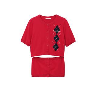 REVAN芮范设计师款质感菱格红色短袖毛衫RL72801279