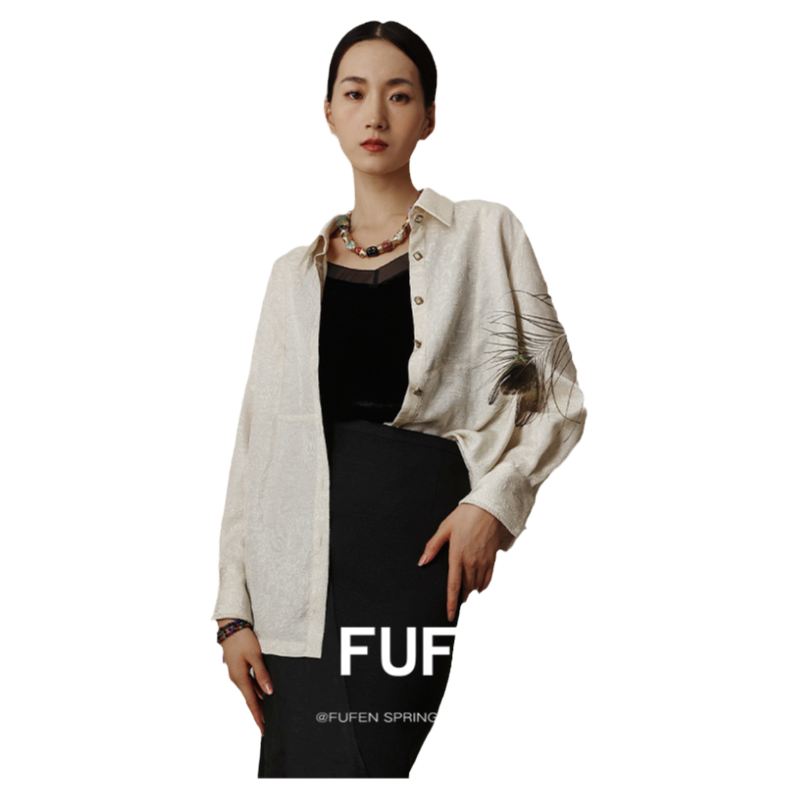 FUFEN春秋奶油白新中式提花廓形襯衫時(shí)尚高級(jí)感長(zhǎng)袖上衣CYW-18876