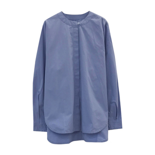 诺初◆孕妇春装新款绝美隐藏扣上衣立领高级感温柔风蓝色长袖衬衫