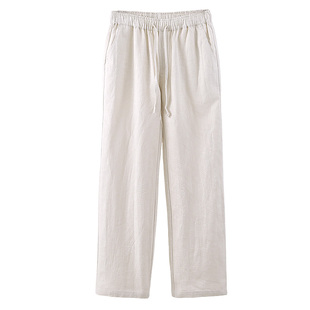 秋款苎麻裤子男宽松直筒裤垂感拖地长裤棉麻阔腿裤休闲裤麻裤子