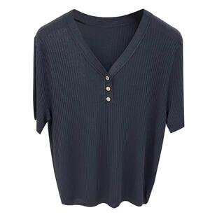 大码胖mm冰丝v领短袖针织上衣女夏季薄款遮肚子体恤洋气百搭t恤