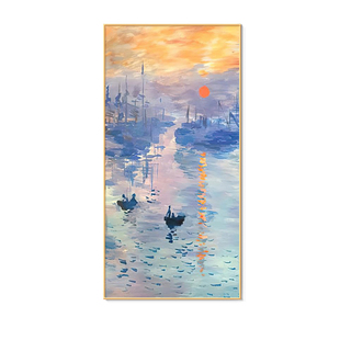 手绘油画莫奈《日出印象》走廊过道壁画世界名画抽象肌理玄关挂画