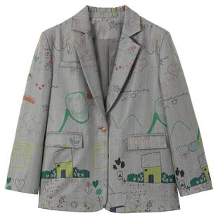 KEIKO 高智感穿搭涂鸦印花西装外套春季格雷系灰色休闲小西服套装