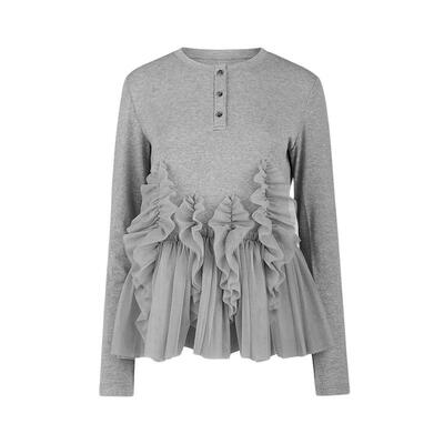 sdeer圆领抽褶网纱拼接长袖T恤