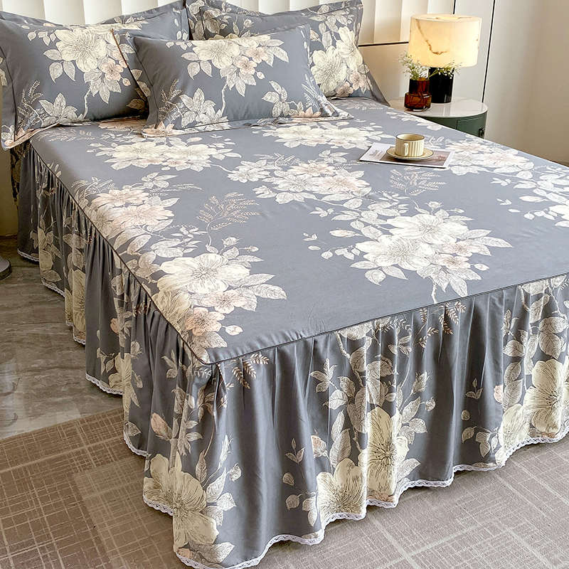 全棉磨毛床裙单件100纯棉床罩床垫保护套加厚花边防滑床单三件套3