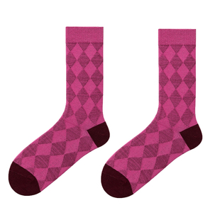 玫粉色布标袜子女韩版竖条拼接中筒袜复古菱形格潮流树莓色堆堆袜