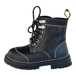 贝然儿童鞋黑马丁靴秋冬牛皮靴中短筒男女童潮宝宝厚底骑士靴加绒