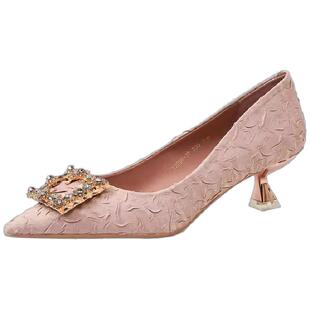 高跟单鞋女2025新款不累脚职业小香风缎面浅口法式小猫跟高跟鞋