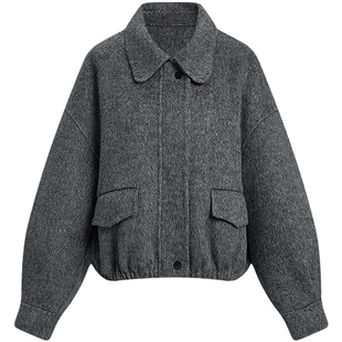 KBNE牦牛绒羊毛灰色双面呢短款外套女2025冬季新款小个子毛呢外套