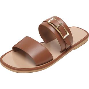 莱尔斯丹春夏新款商场同款时尚纯色饰扣方头女凉拖鞋4M01701