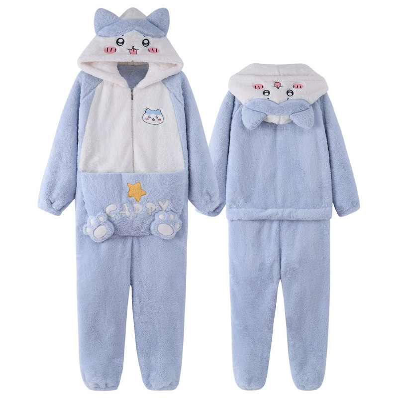 韩系可爱卡通甜美少女连体情侣睡衣秋冬季高级感珊瑚绒家居服套装