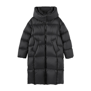 Basic House/百家好韩版连帽中长款羽绒服女双拉链立领白鸭绒外套