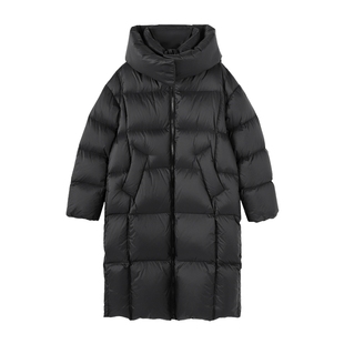 Basic House/百家好韩版立领羽绒服女中长款连帽双拉链白鸭绒外套