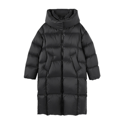 Basic House/百家好韩版立领羽绒服女中长款连帽双拉链白鸭绒外套