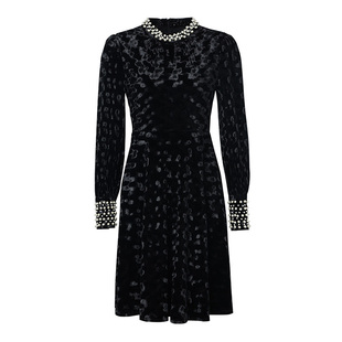 海青蓝 丝绒连衣裙女2025新款冬灯笼袖珍珠领优雅时尚女装裙子