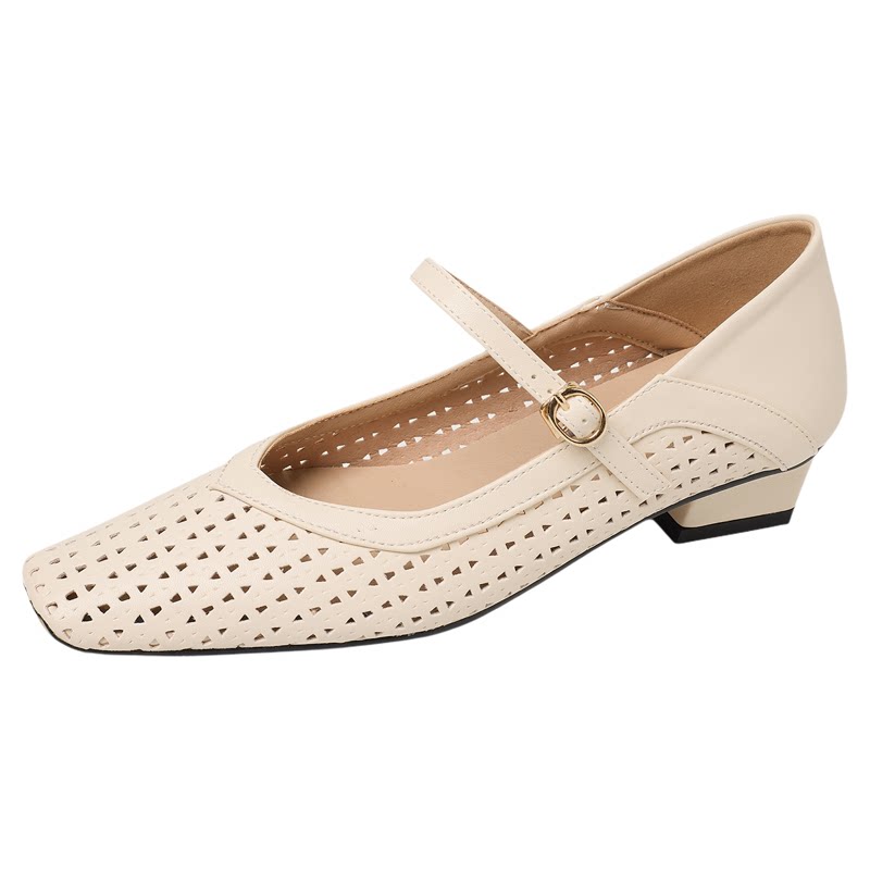 夏季方头镂空一字带玛丽珍凉鞋女