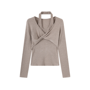 拉夏贝尔设计感扭结挂脖长袖T恤女秋季2025新款超好看假两件上衣