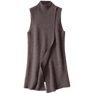 韩版秋季新款羊绒针织马甲女中长款宽松背心无袖毛衣立领羊毛坎肩