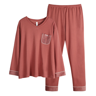 春秋睡衣女士纯棉长袖秋季薄款V领休闲家居服可外穿中年妈妈套装