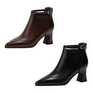 2025新款尖头粗跟加绒短靴女爆款真皮编织一字带跟靴子百搭马丁靴