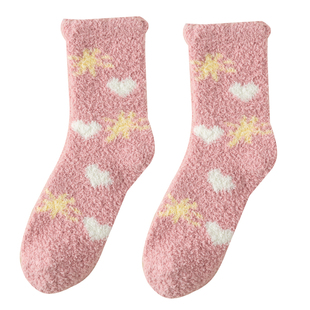 珊瑚绒袜子女中筒袜秋冬款保暖可爱卡通毛绒厚袜子睡眠居家地板袜