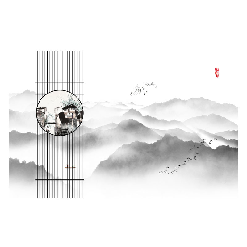 现代新中式壁画山水2d卧室书房