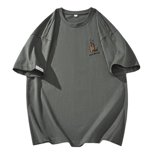 日系简约圆领T恤男士2026夏季新款趣味刺绣图案宽松大码短袖体恤