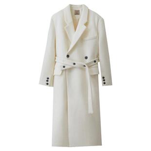 Amii西装领全绵羊毛毛呢外套女冬宽肩垫肩配腰带加厚过膝长款大衣