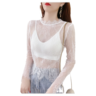 白色立领蕾丝打底衫女内搭2025新款洋气透视薄款网纱内衬长袖上衣