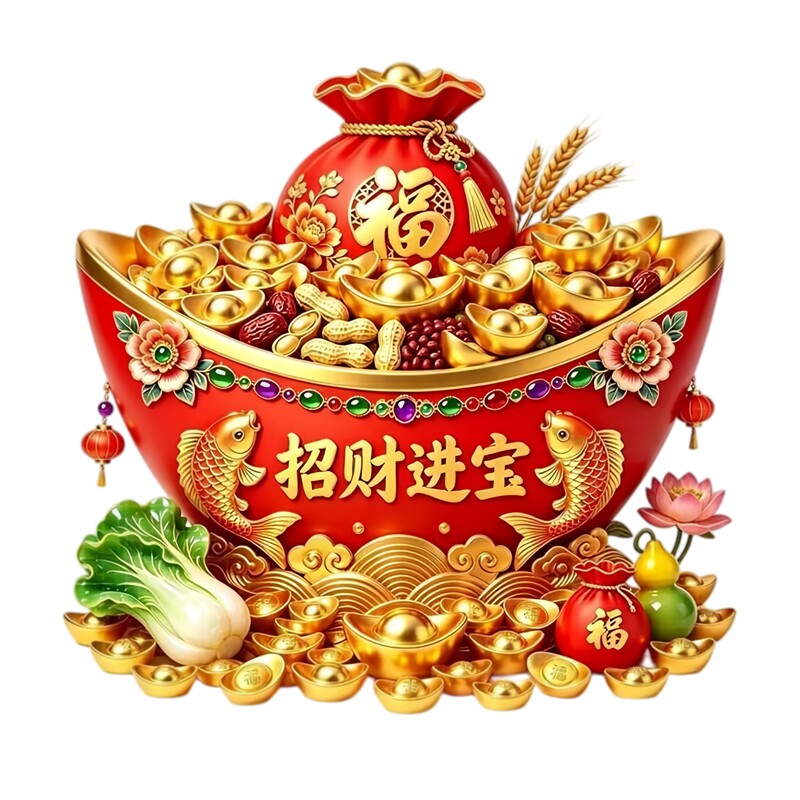 大红聚宝盆招财进宝墙贴金元宝福袋锦鲤白菜花卉五谷吉祥装饰贴纸