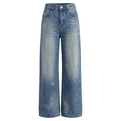 TCH2026春款时尚满天星烫钻慵懒风直筒阔腿牛仔裤女T78A20E1187