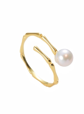 LADYB竹节纯银珍珠戒指开口戒女