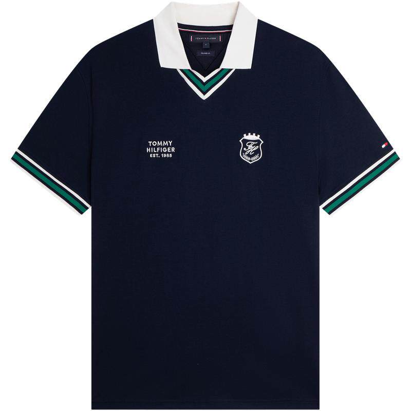 Tommy男装学院风刺绣拼色V领POLO